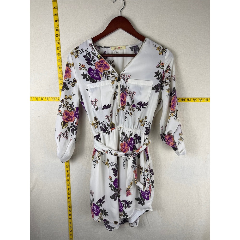 Wishful Park Floral Mini Dress Womens S White Boho Zipper Roll Tab Sleeve Belted